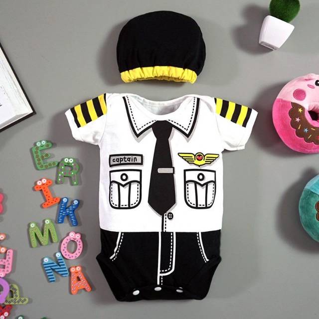 Jumper Bayi Pilot Polisi Murah, Baju Bayi Overall Unisex, Romper Bayi Tangan Pendek