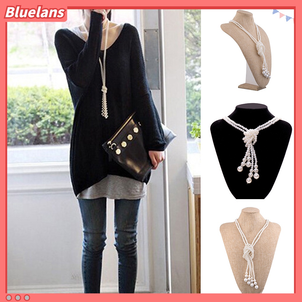 2pcs / Set Kalung Rantai Panjang Double Layer Aksen Mutiara Imitasi Untuk Wanita