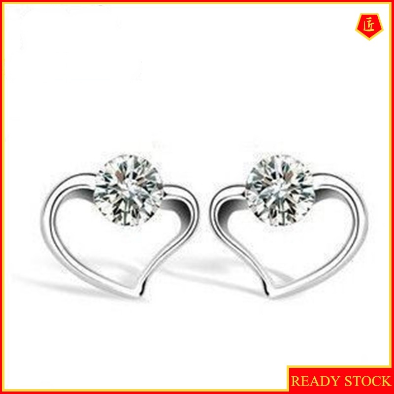 [Ready Stock]Simple Elegant Diamond Heart-Shaped Silver Earrings