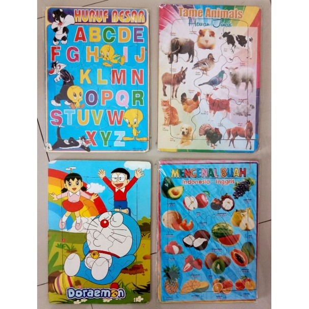Macam Macam puzzle kayu Angka 1-10+Hijakyah+Buah²An+Binatang jinak+Binatang liar