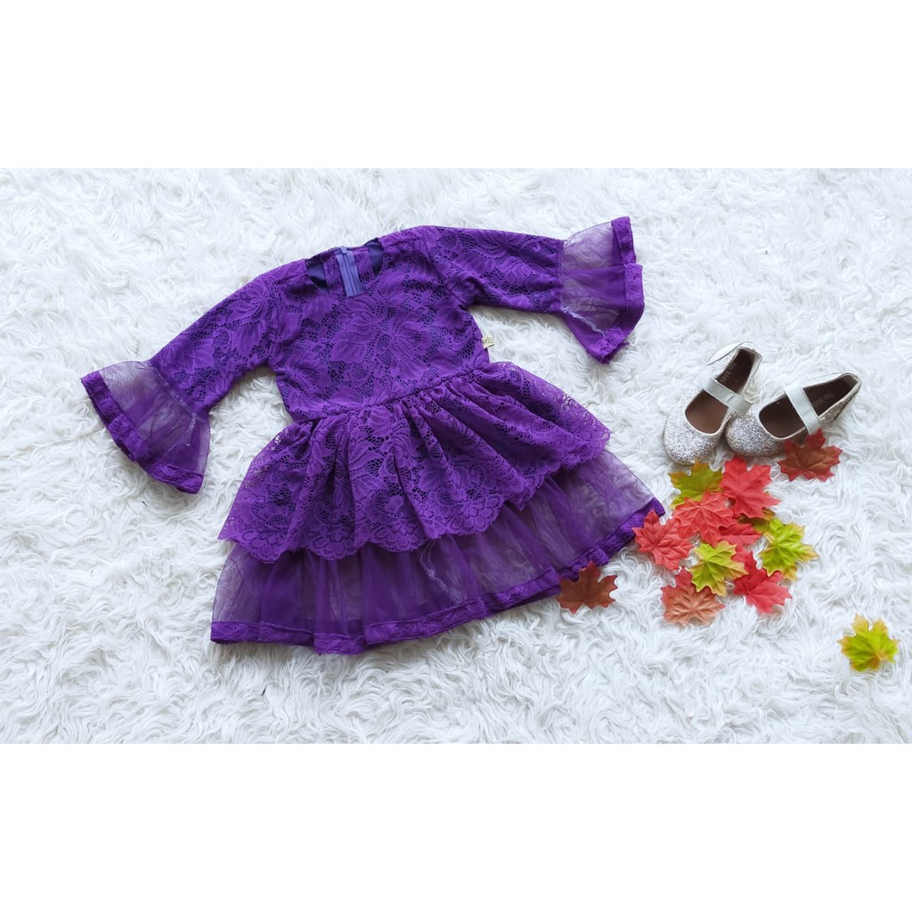 DRESS ANAK MODEL CHATERINE / DRESS ANAK BROKAT / BAJU ANAK PEREMPUAN WARNA UNGU TUA 10 TAHUN