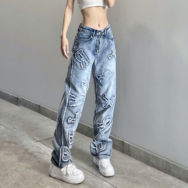 Ceruk BIIKPIIK menampilkan bordir huruf jeans lurus wanita ins tren celana kasual kaki lebar liar Am