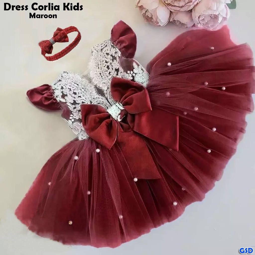 Kids Corlia/ Baju Anak FREE BANDO Terusan Dress Pesta Ada Mutiara Dan Pita Bahan Brukat Kombi Lapis Furing Usia 2 Thn  Sampai 4 thn