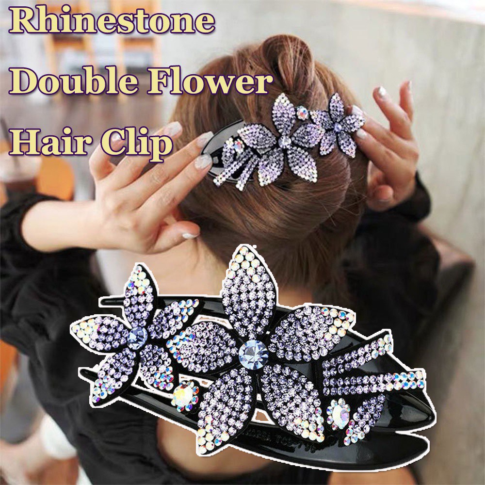 Korean Hair Clip Rhinestone Accent Double Flower Hairpin For Women