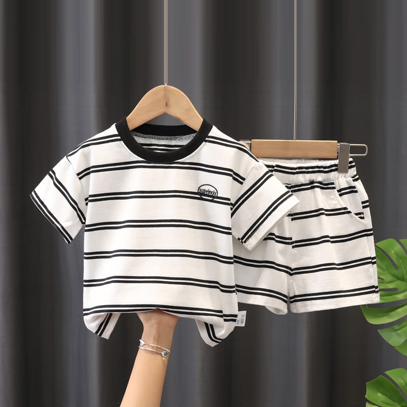 ananakstore- SETELAN PENDEK UNISEX motif salur white black/0-5 tahun/ baju anak IMPOR KOREA PREMIUM