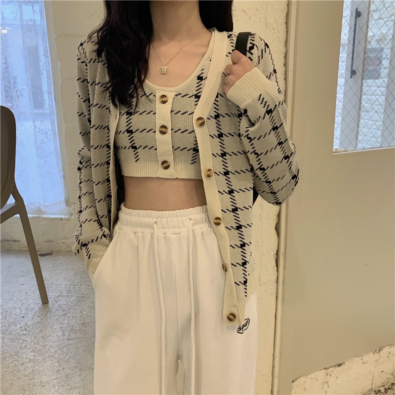 Cardigan Knit Rajut Lengan Panjang Wanita/Rompi Rajut Tank Top Kotak-kotak Retro Setelan