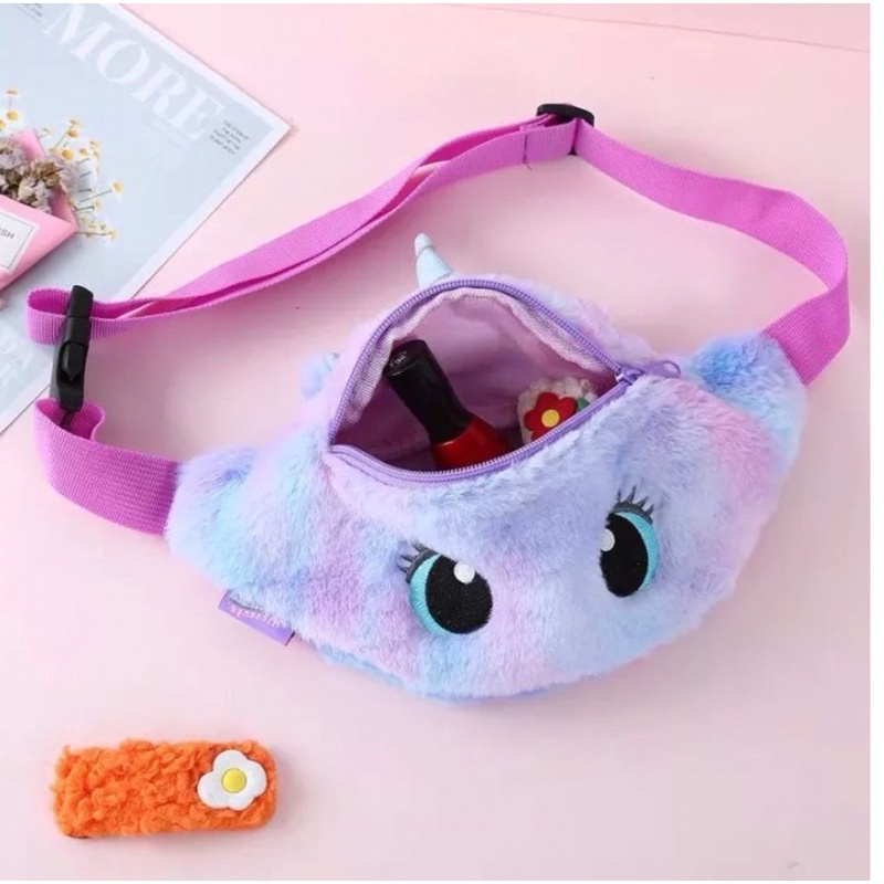 tas waist bag anak unicorn rainbow tas selempang / pinggang bulu unicorn