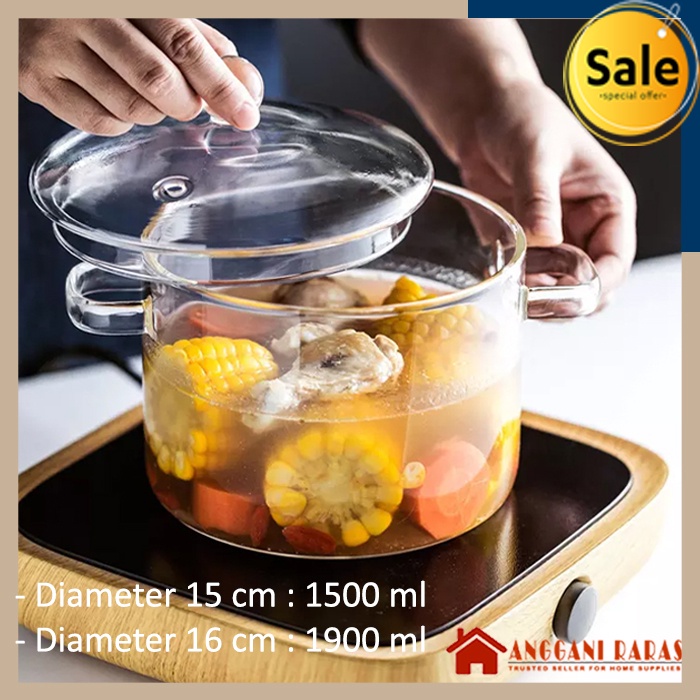 Panci Kaca Panci Kaca Tahan Panas Panci Masak Rebus Serbaguna Kaca Tahan Panas Stewing Soup Pot Borosilicate Glass 1500 dan 1900 ml