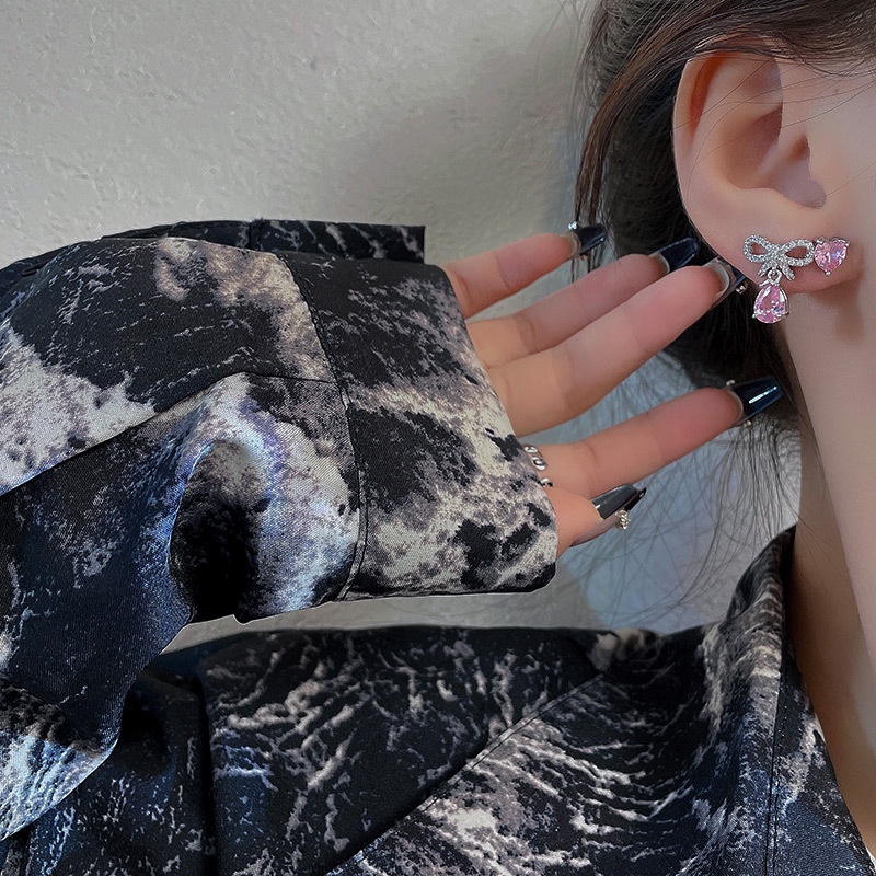 Set Anting Tusuk Sterling silver 925 Desain Pita Hias Kristal Zircon Warna Pink Untuk Wanita