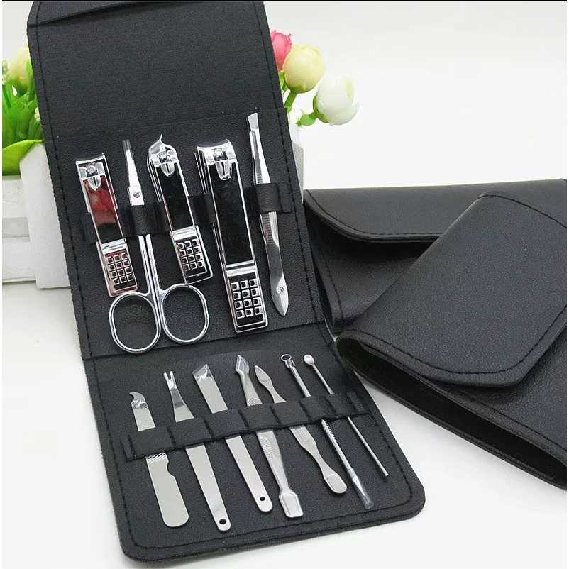 Nail Art Set Gunting Kuku Manicure Pedicure 12 PCS / Paket Alat Set Gunting Potong Pemotong Kuku Lurus Lancip Miring Jempol Kaki Portabel Portable Lengkap Karakter Anti Cantengan Centengan Dewasa Tajam Stainless Dan Korek Kuping Full Set Nail Art Murah