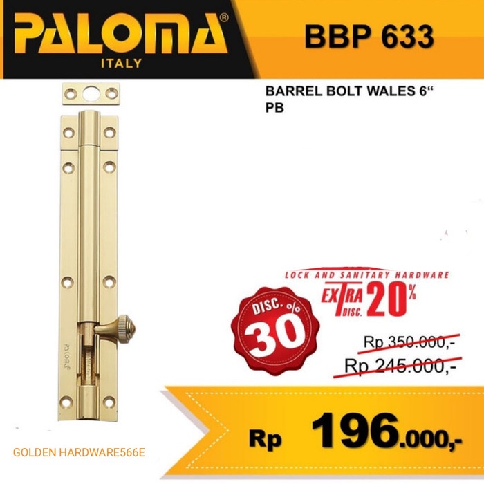 Paloma Barrel Bolt Grendel Slot Kunci Pintu Wales 6&quot; BBP 633 PB