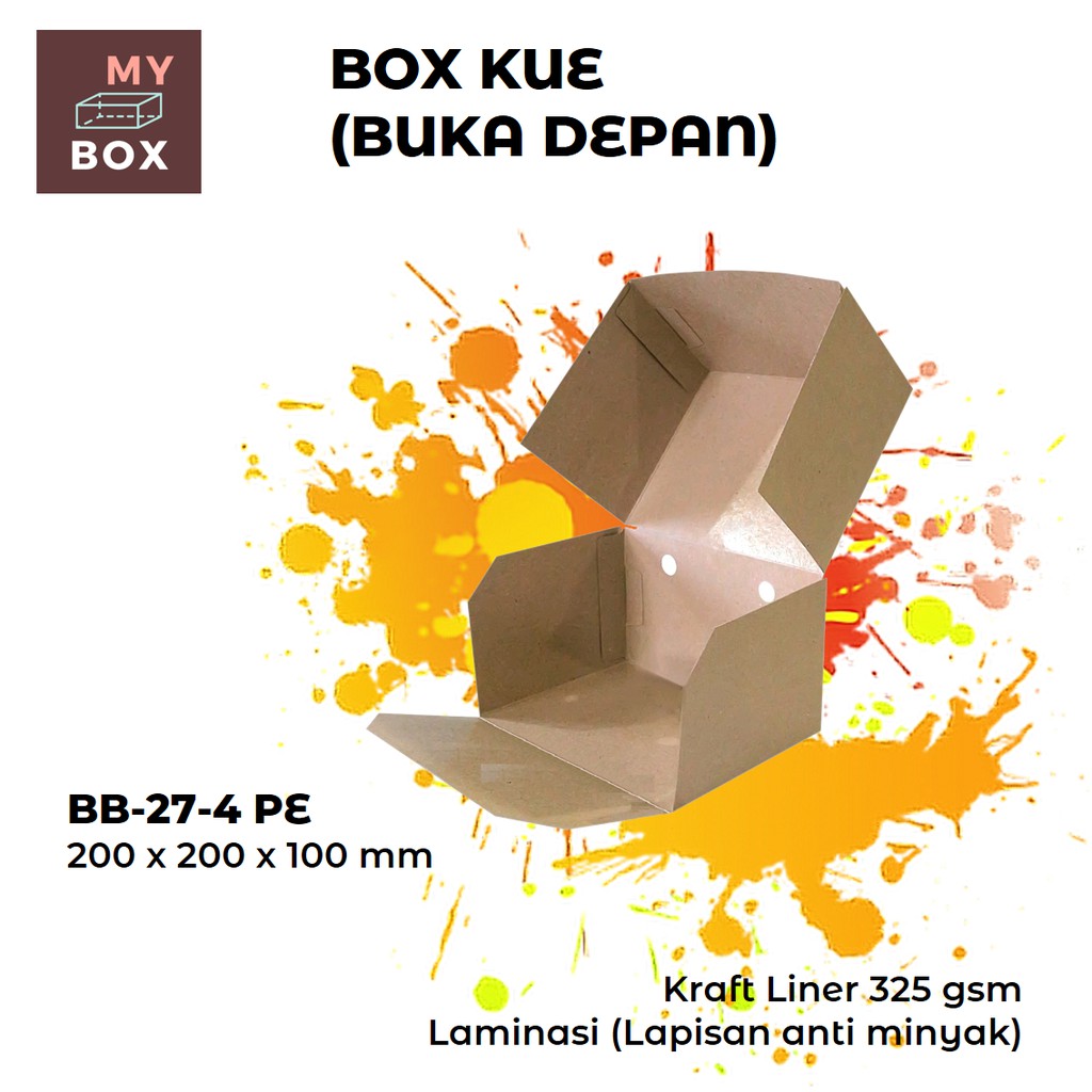 

BOX KUE (BUKA DEPAN) DUS DOS KOTAK CAKE ROTI BOLU CHIFFON PUDING 20x20x10 KRAFT 325gsm PE Laminasi