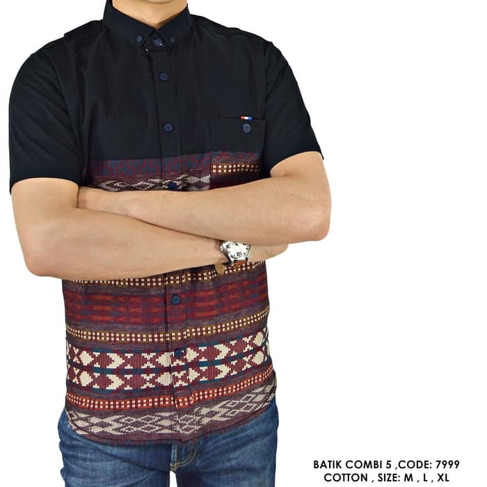 Trendi 2018 KEMEJA BATIK SONGKET KOMBINASI POLOS HITAM COWOK PRIA - sesuai di foto, M