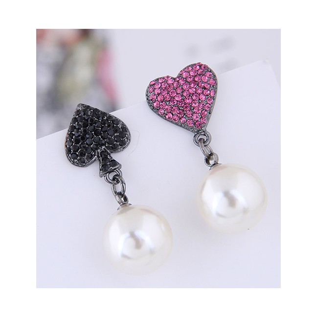 LRC Anting Tusuk Fashion Black + Rose Red 925 Silver Needle Heart Pearl Asymmetric Stud Earrings