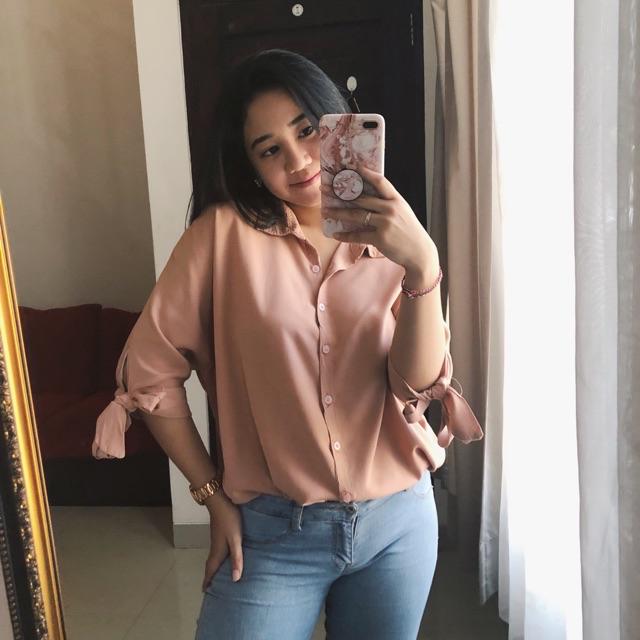 CINDY OVERSIZED SHIRT | kemeja wanita oversize lengan pendek bahan rayon-Nude