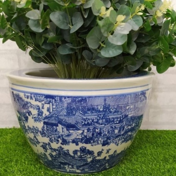 Pot Tanaman Keramik Diameter 40cm/ Pot Tanam Besar 16inch/ Pot Keramik biru putih