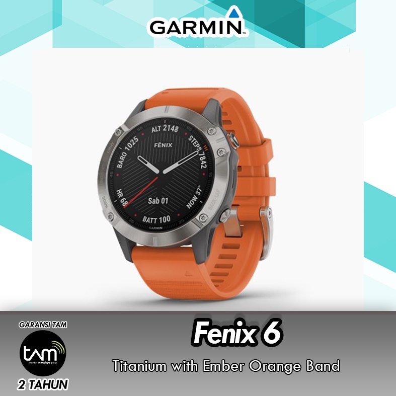 GARMIN Fenix 6 - Titaniun With Ember Orange Band Ori Smartwatch Tracker Garansi Resmi 2 Tahun TAM