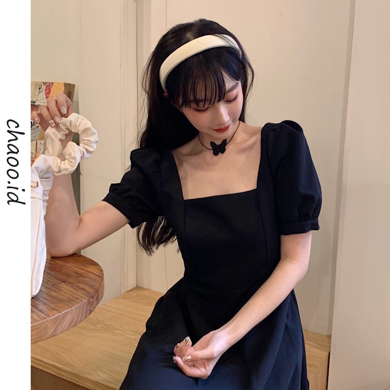 [chaoo.id ]korean style dres gaundress wanita long dress  panjang hitam kasual  wanita  retro gamis hitam