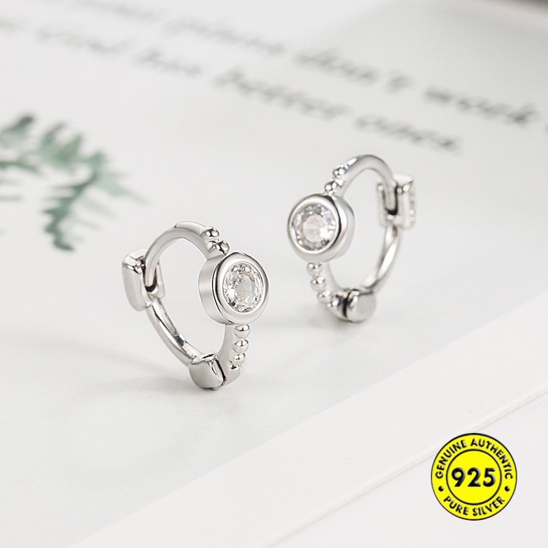 Anting Klip Bentuk Bulat Bahan Sterling Silver Aksen Zircon Anti Alergi
