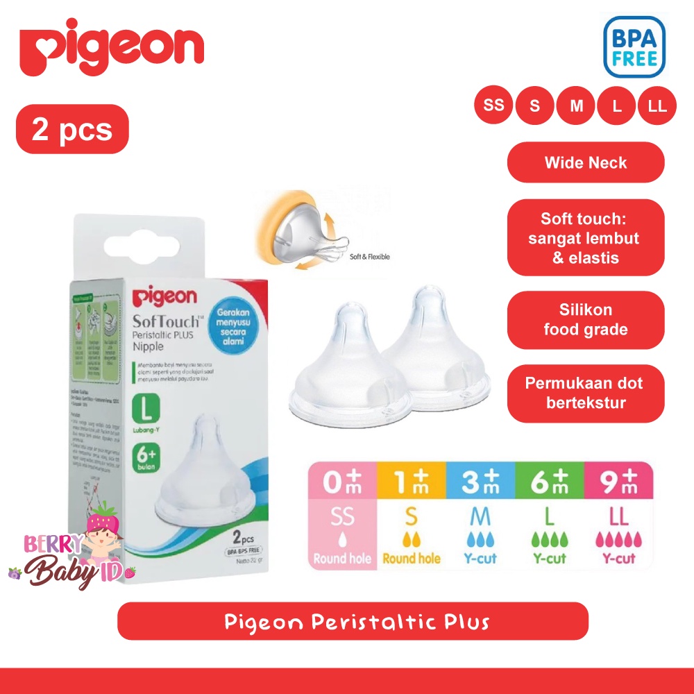 Pigeon Peristaltic Plus Wide Neck Nipple 2 Pcs Box Dot Botol Susu Bayi Berry Mart