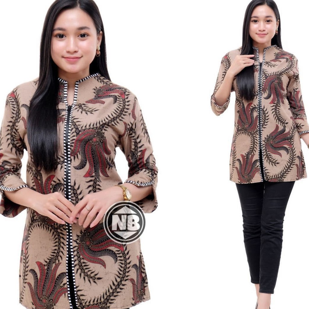 Atasan Batik Wanita Katun Dolbi Dobby Doby Tenun Sutra Tulis Halus Katun ATBM Baron ,Sarombit Atasan-ZIPER PISANG MERAH