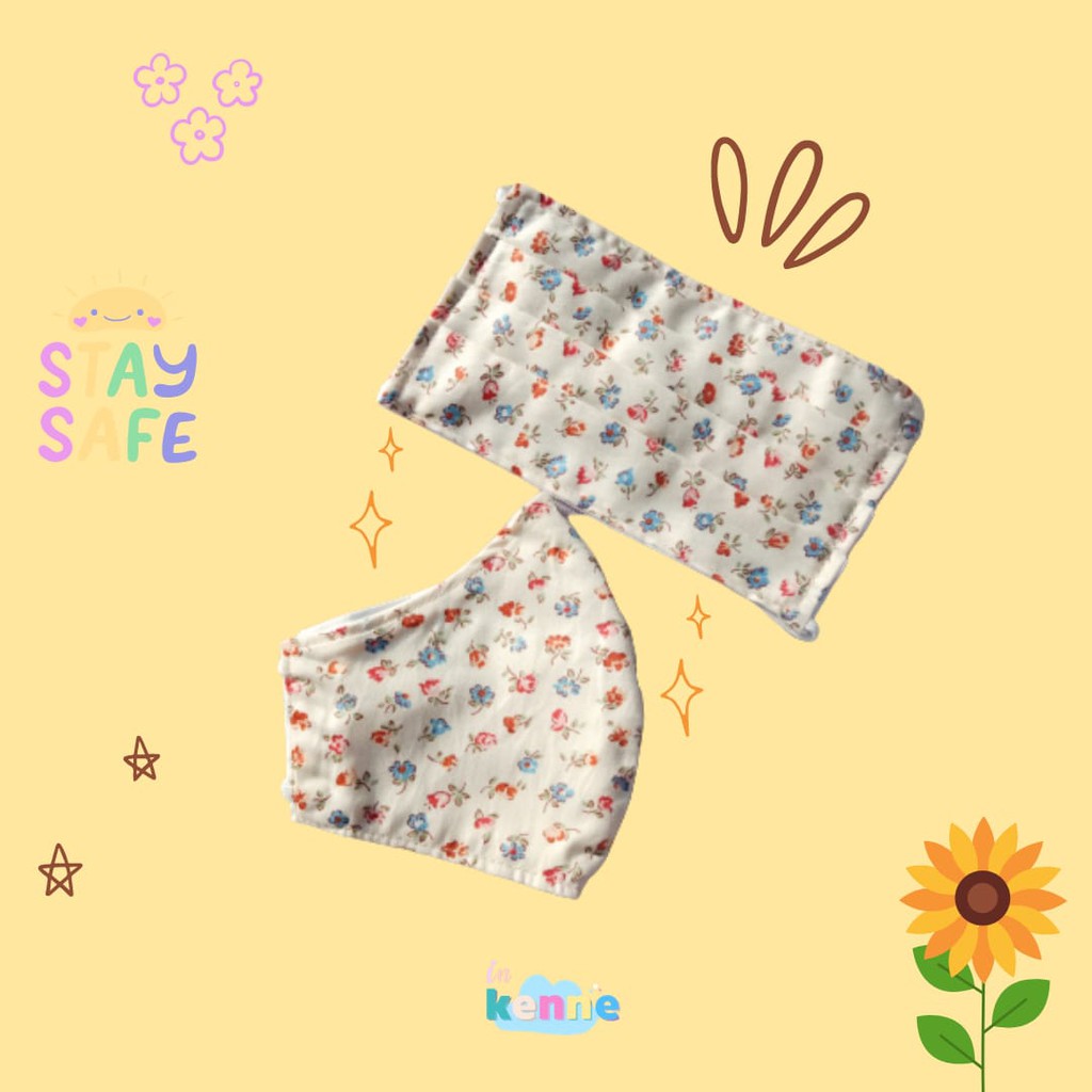 Masker Kain Bunga Beige | Masker Kain Scuba Motif | Masker Dewasa Hijab Non Hijab | Masker Kain 3Ply