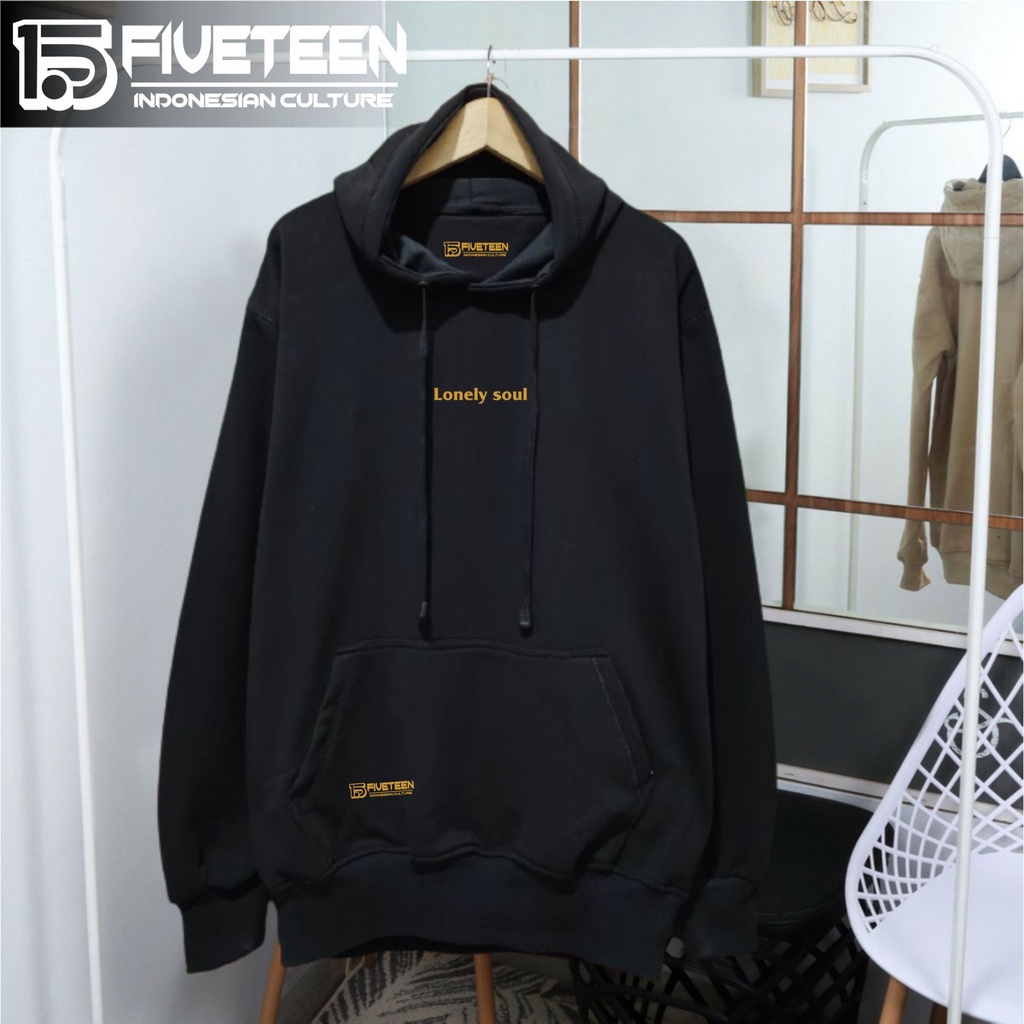 hoodie distro original brand 15fifeteen warna hitam sablon LONELY SOUL sweater premium bahan tebal