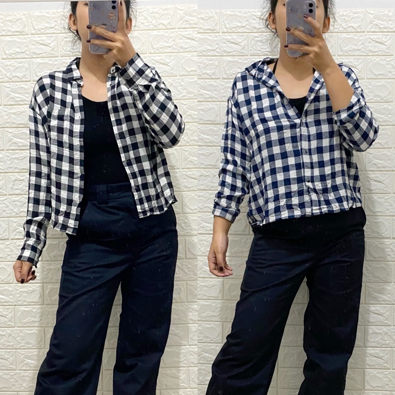 Kemeja Wanita Casual Legan Panjang Kotak Kotak GU  Crop-7