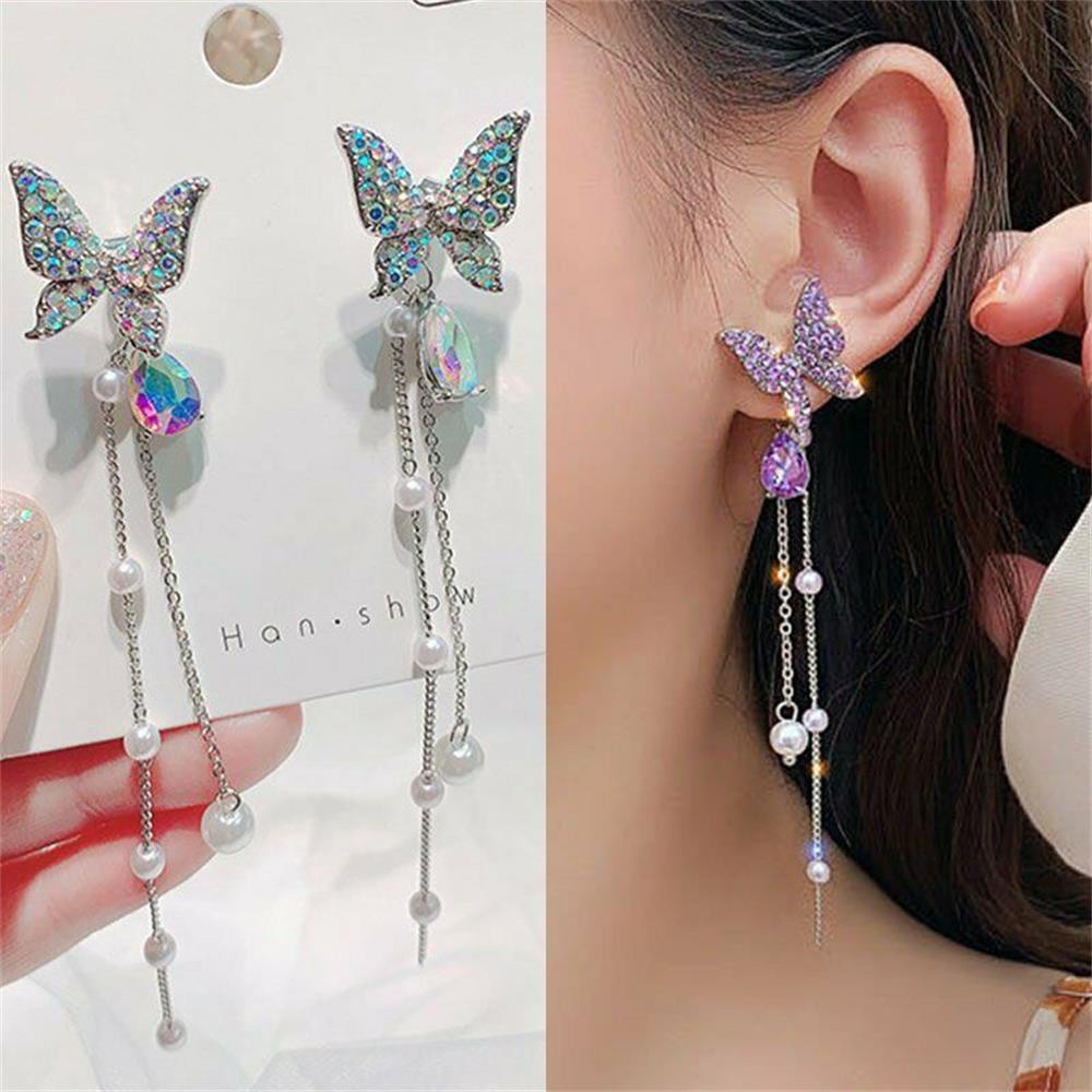 Anting Rantai Panjang Menjuntai Desain Nanas Butterfly Aksen Mutiara Shiny Warna Ungu Silver Untuk Wanita