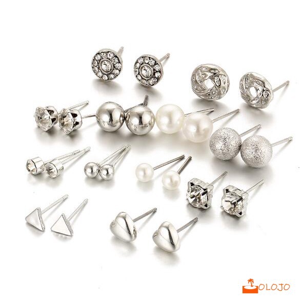 OLOJO 12 Pasang Anting Tusuk Model Mutiara Intan Bentuk Bulat Gaya Korea Untuk Wanita