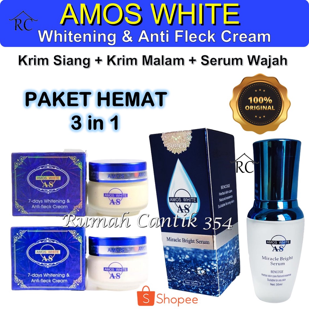 Paket Hemat 3 in 1 Amos White Day Night Cream &amp; Facial Miracle Bright Serum Rumah Cantik 354 Amos White Serum Perawatan Wajah Glowing Bercahaya