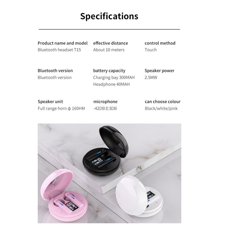 T15 Headset Tws Wireless Earphone Bluetooth airbuds Dengan Lampu Indikator Digital Untuk Android IOS