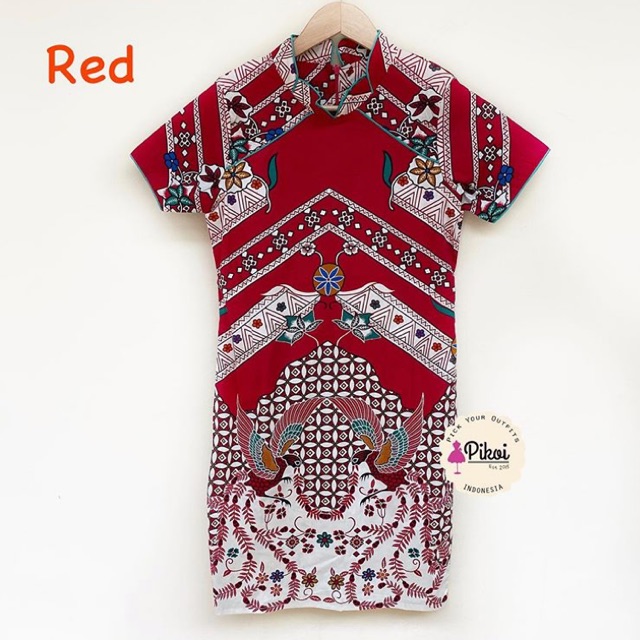 Dress batik merah / dress cheongsam batik / dress cheongsam murah / dress batik cny / dress qipao