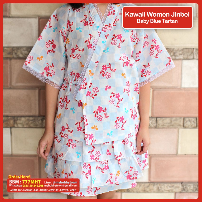 Kawaii Jinbei Wanita : Baby Blue Tartan