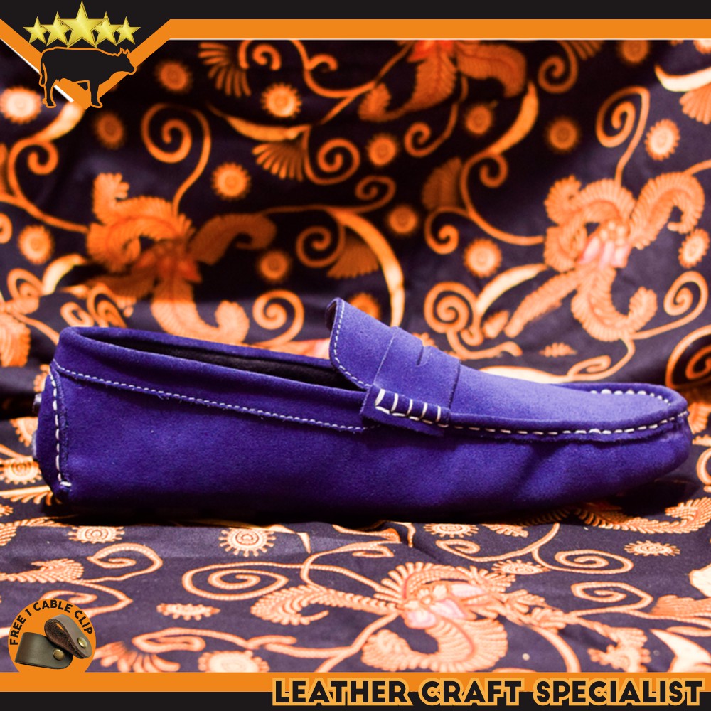 SEPATU PANTOFEL PRIA CASUAL KERJA KULIT SAPI ASLI SUEDE WARNA BIRU PROMO FREE CABLE CLIP