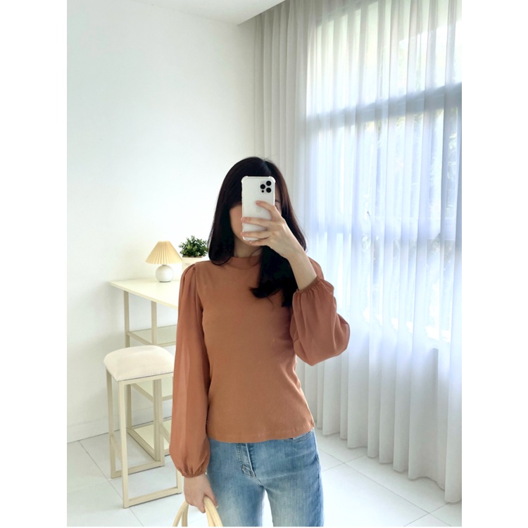 T-0299 Top Korea Tangan Chiffon Leher Tinggi