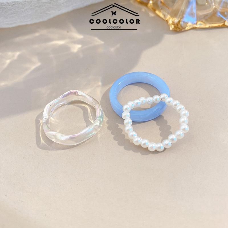 Murah❤️3 Pcs/Set Cincin Resin Korea Sederhana Ring Mutiara Wanita Anti Karat Dan Anti Luntur Set Untuk Hadiah Ulang Tahun Aksesoris Fashion COD