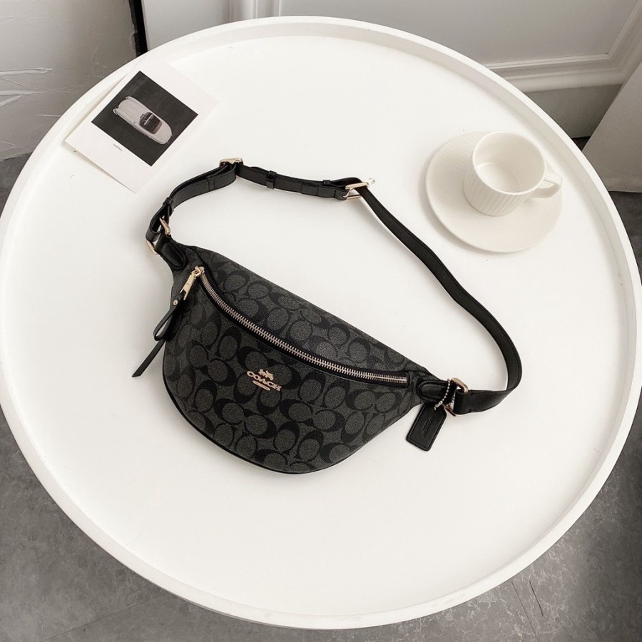 COACH WOMEN SIGNATURE BELT BAG BROWN BLACK - LIGHT BROWN