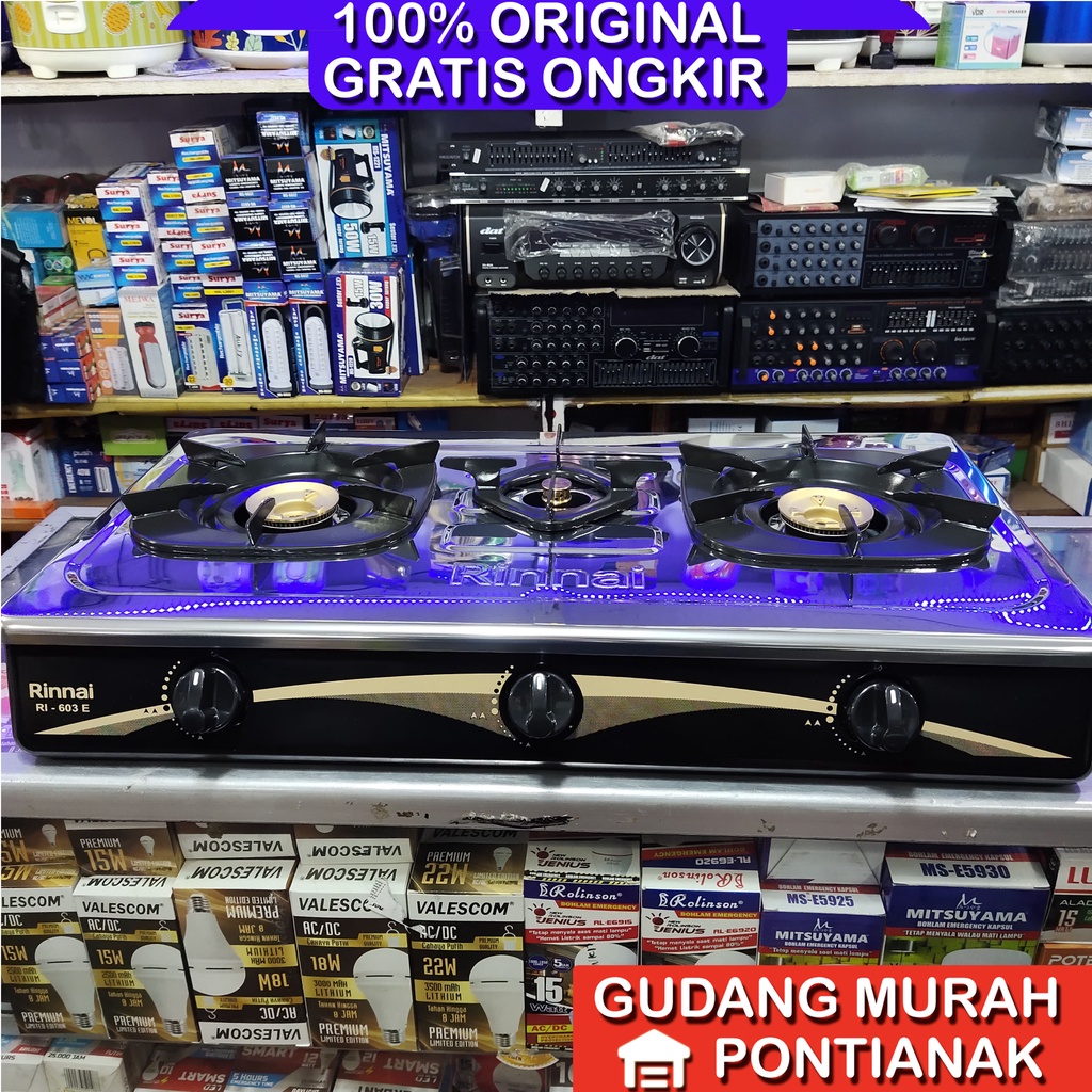 Kompor Gas Rinnai 3 Tungku api lilin Ri 603 E body lepas stainless anti karat badan rangka bisa di lepas