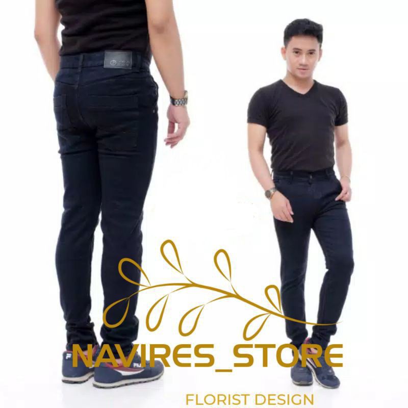 Celana jeans pria panjang slim fit skiny hitam pensil reguler jumbo