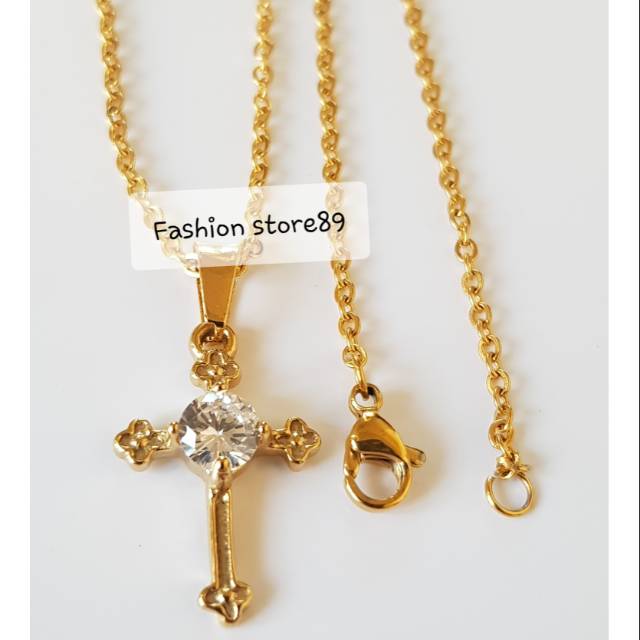 Kalung fashion salib permata gold import titanium / kalung fashion rohani titanium Antikarat KS010