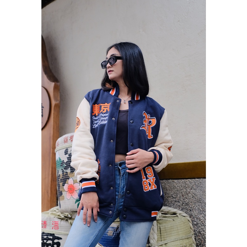 SKULLEND Varsity Jacket Bomber Baseball Sukajan Vintage Pria Wanita - Full Bordir