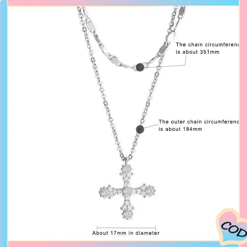 COD❤️ Hip Hop Cross Double Layer Necklace Feminin Fashion Micro Inlaid Zircon Pendant-A.one