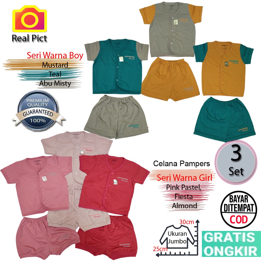 6 Pcs / 3 Setelan Pendek Bayi Baru Lahir Perempuan Polos Premium Size Jumbo 0-6 Bulan Bahan Katun SNI Perlengkapan Baju Bayi Newborn Gift Set Kado Lahiran Persalinan