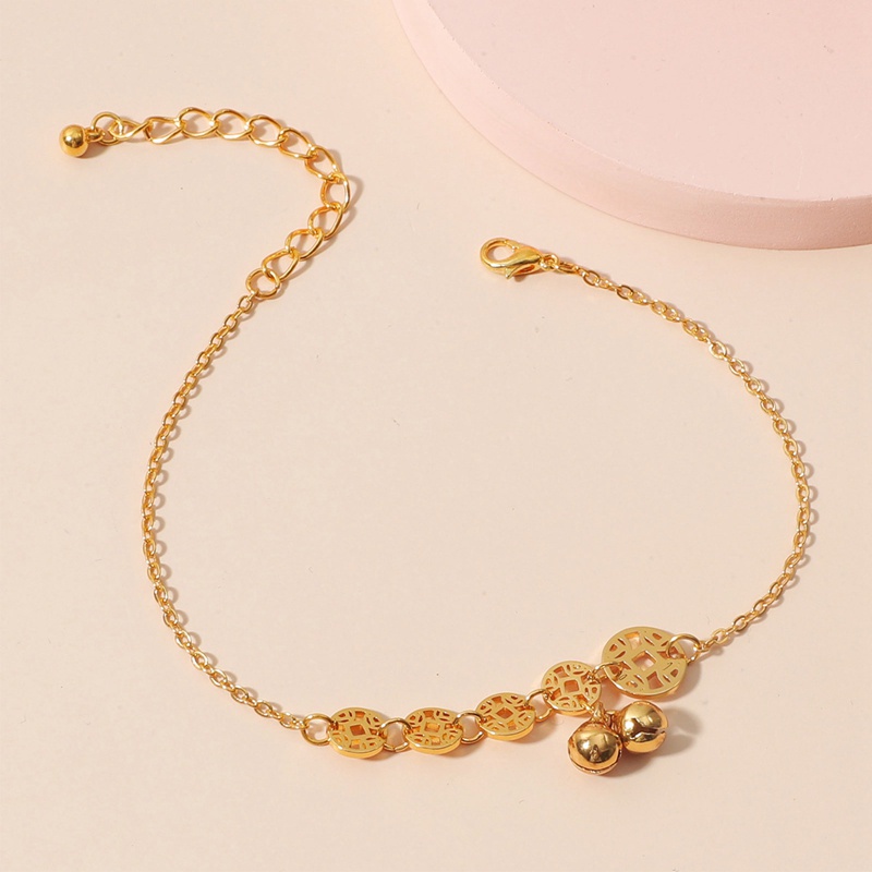 Chinese Style Copper Coin And Bead Bell Anklet For Women And Girls Stainless Steel Gold Rose Gold Color Anklet Length 20+6cm