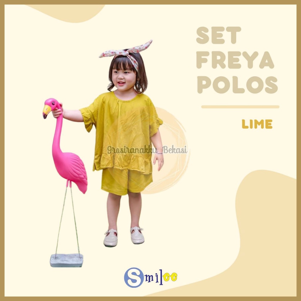 Setelan Anak Rayon Pendek Smilee Polos Freya Warna Kuning Lime Size 1-5Tahun