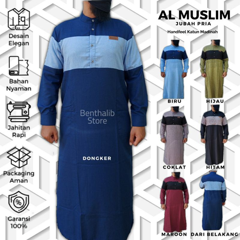 Gamis Pria Jubah Pamjang  Al Muslim Kombinasi Warna Polos Lengan Manset Bahan Katun Madinah Adem