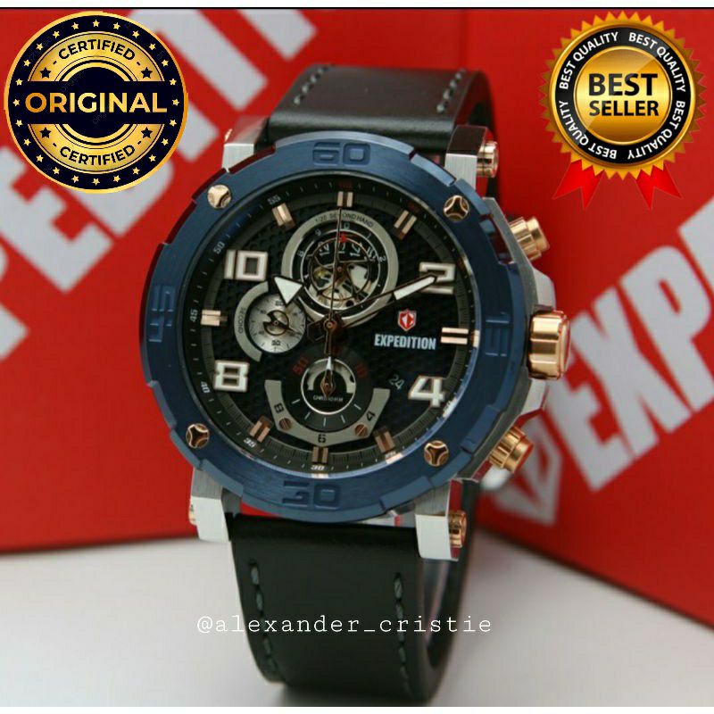 ORIGINAL GARANSI RESMI 1 TAHUN JAM TANGAN PRIA EXPEDITION SILVER BLUE BLACK KULIT EXP E6769 6769