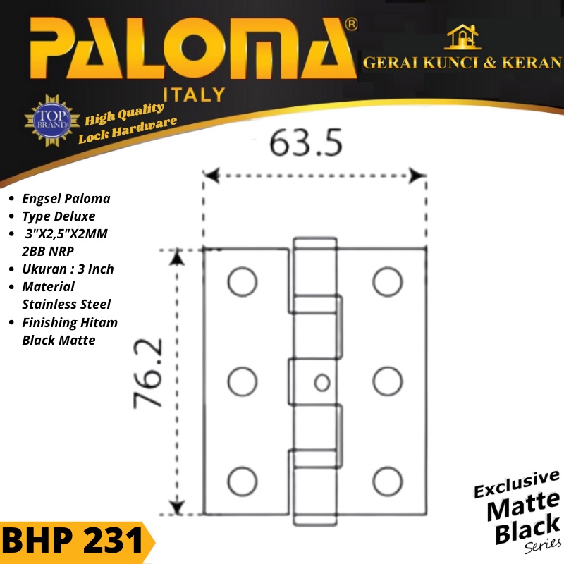 PALOMA BHP 231 ENGSEL JENDELA 3&quot;X2,5&quot;X2MM 2BB NRP HINGE 3 INCH HITAM BLACK MATTE