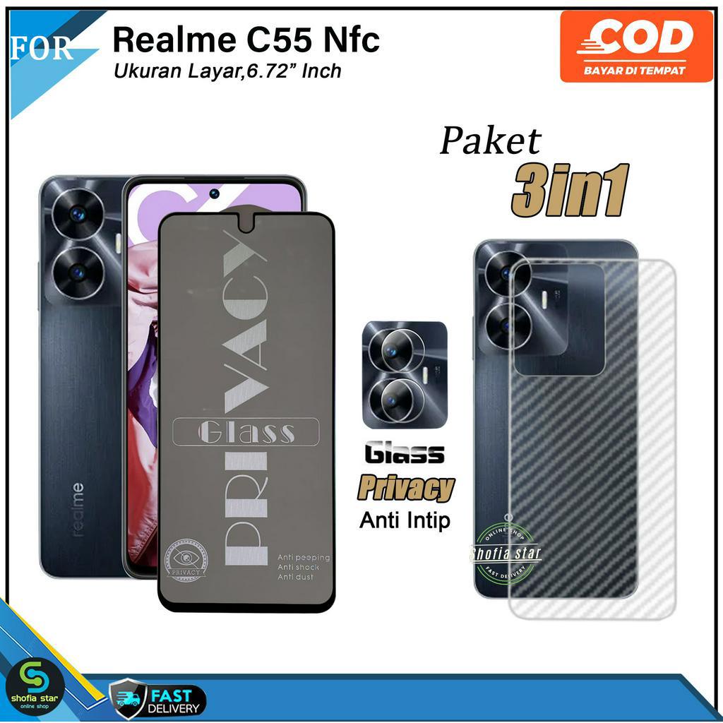 PAKET 3IN1 Tempered Glass Ceramic Privacy Realme C55 Nfc C53 Nfc Anti Spy Full Cover Bonus Anti Gores Kamera Dan Skin Carbon 3D